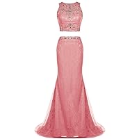 Women's Long Two Pieces Mermaid Lace Beaded Prom Evening Dress