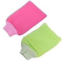 2 Pack Exfoliating Body Scrub Bath Towel Mitt | Large Shower Gloves Mitten | Remove Dead Skin | Double Sided Available | Men Women | Rose Red & Green