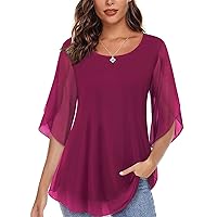 Miusey Womens Ruffle 3/4 Sleeve Mesh Blouses Loose Flowy Tops with Elasticity