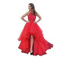 Halter Organza A line Prom Evening Formal Dresses with Bling Beaded Short Front Long Back