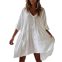 Fall Winter Dresses Beach Smock Loose Button Cotton Knot Vacation Skirt Outerwear Dresses, One Size