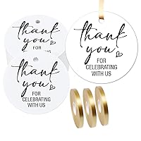 100 Thank You Favor Gift Tags - Thank You for Celebrating with Us Gift Tags, 2-inch roundCelebrating Gift Tags for Gift Wrap, Gift Bags, Party Favor, Wedding,with 3 Rolls of ribbon30m / 98.4ft.