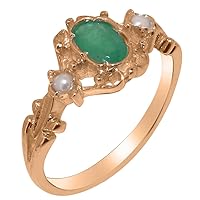10k Rose Gold Natural Emerald & Cultured Pearl Womens Trilogy Ring - Sizes 4 to 12 Available