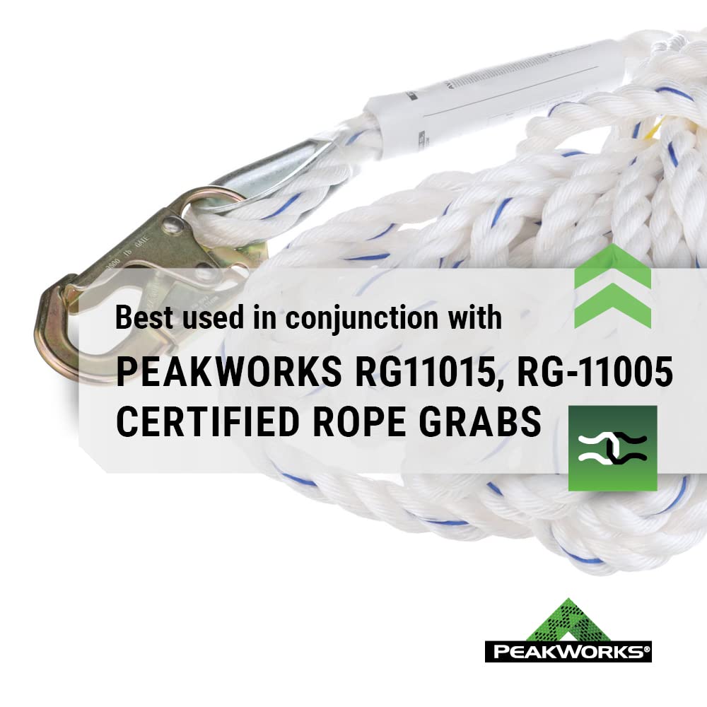 PeakWorks Fall Protection Safety Lifeline Rope Grab, Anchor 50' Vertical Cable, Galvanized Steel Snap Hook Harness Tools Equipment for Climbing, Rescue, Hunting, Roofing, V84084050
