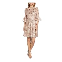 Adrianna Papell Womens Pink Sequined Sheer Lined Zippered Floral Bell Sleeve Boat Neck Above The Knee Evening Shift Dress Petites 6P