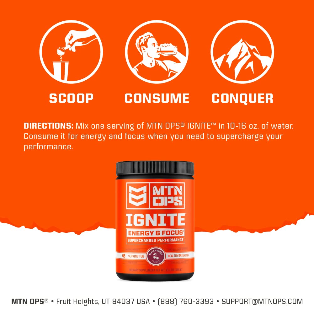MTN OPS Ignite Supercharged Energy & Focus Drink Mix, BCAA & Nootropic Blend, Gluten Free & 200mg of Caffeine, 45-Serving Tub Bugle Berry
