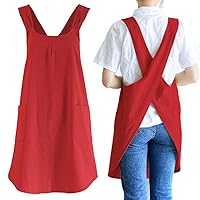 NEWGEM Japanese Linen Cross Back Kitchen Cooking Aprons for Men with Pockets for Baking Painting Gardening Cleaning Dark Red