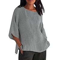 Women's Summer Tops Trendy Comfy Cotton Linen Shirts Loose Soft Linen Blouse Round Neck Oversized Tunic Blouses
