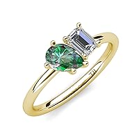 Pear Shape Lab Created Alexandrite & Emerald Shape Moissanite 2.00 ctw Four Prong Women 2 Stone Duo Engagement Ring 14K Gold
