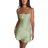 xxxiticat Women's Satin Mini Dress Sleeveless Cowl Neck A-Line Swing Party Lace Up Bandage Open Back Short Slip Dress