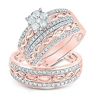 Round Cut White Diamond in 925 Sterling Silver 14K Rose Gold Over Diamond Engagement Wedding Trio Ring Set for Him & Her