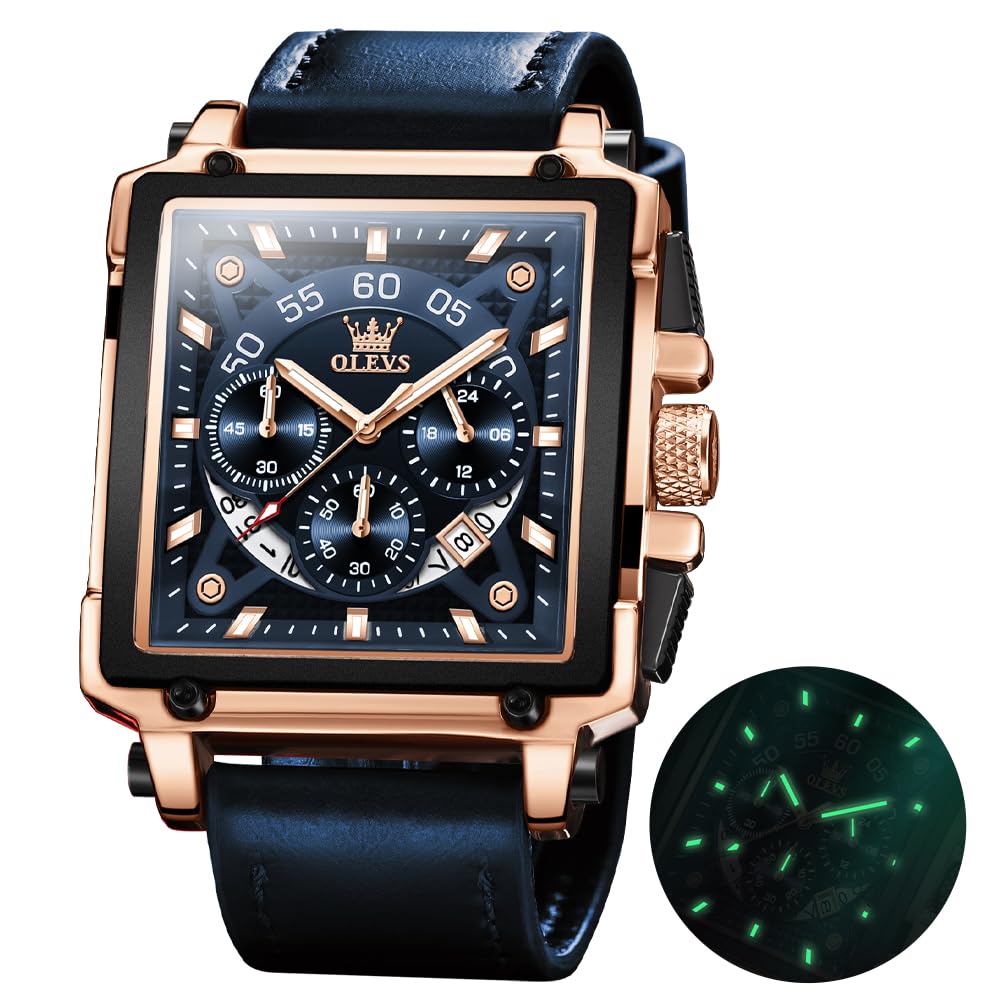 Buy OLEVS Square Watches for Men Brown Leather Chronograph Fashion Business  Watch Luminous Waterproof Casual Wrist Watches
