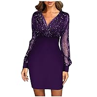 Ladies Fashion Casual Party Solid Color Mesh Sequin Long Sleeve Square Collar Dress Dresses for Women Plus Size