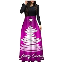 Womens Plaid Dress Casual Fashion Casual Christmas Tree Print Round Neck Long Sleeve Oversized Extra Long Dresses