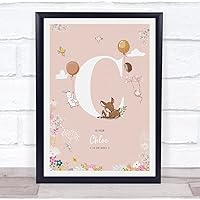 The Card Zoo Baby Birth Details Nursery Christening Woodland Animals Pink Initial C Print
