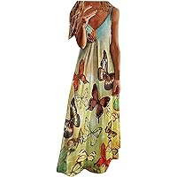 Casual Long Dresses for Women Vintage Butterfly Print Slip V Neck Maxi Dress Summer Loose Sun Dress for Beach Vacation