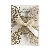 50Pcs Glitter Floral Laser Cut Wedding Invitation Cards with Envelope Blank Inner Sheet and Ribbon for Wedding Engagement Bridal Shower Party Invite(7.09 X 4.92inch, Gold)