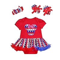Baby Infant Girls 4th July Independence Day Patriotic Red White Blue Bodysuit Headband Tutu Skirt Outfit Sets