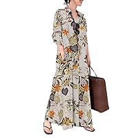 Womens Button Down Shirt Dress Cotton Linen V Neck Long Sleeve Casual Maxi Dress Loose Beach Sundress with Pockets