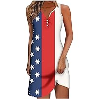 American Flag Star Striped Mini Dress Women 4th of July Sundress Summer Button V Neck Sleeveless Henley Shirt Dress