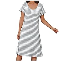 Plus Size Women Stripe with Built in Bra Pads Nightgowns Short Sleeve Crewneck Nightdress Loungewear Sleepwear