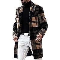 Men's Casual Plaid Long Trench Coat Single Breasted Notched Lapel Collar Jackets Lightweight Winter Slim Pea Coat