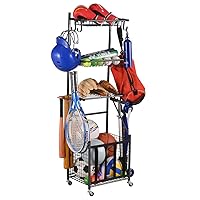 Snail Garage Sports Equipment Storage Organizer Sports Ball Storage Rolling Cart with Basket and Hooks Lockable Sports Ball Cage Storage Rack for Garages, Playgroup, Gym and Schools, Black