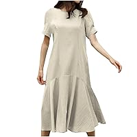 Women Cotton Linen Retro Fishtail Hem T-Shirt Dress Summer Short Sleeve Crewneck Casual Dressy Solid Sheath Dress