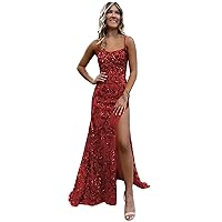 Spaghetti Straps Wine Red Prom Dresses 2024 Sparkly Mermaid Sequin Evening Gowns for Women with Slit Size 0