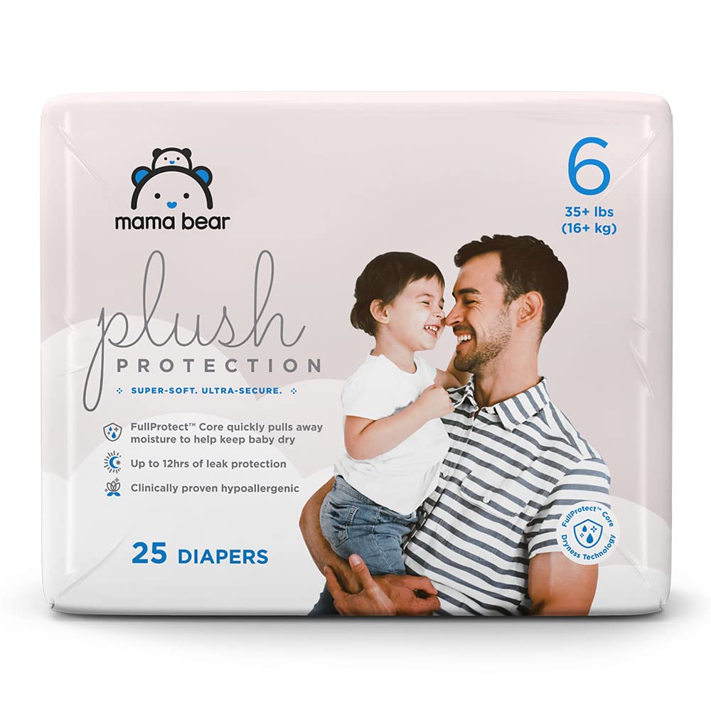 Amazon Brand - Mama Bear Plush Protection Diapers, Hypoallergenic, Size 6, 25 Count, White and Cloud Dreams