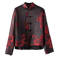 Women Coat Silk Jacquard Mock Neck Chinese Retro Button Long Sleeve Warm Black Padded Jacket 107