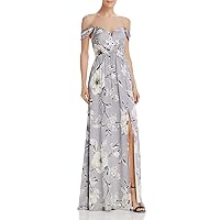 Womens White Slitted Zippered Pleated Lined Padded Bust Floral Cap Sleeve Off Shoulder Full-Length Evening Gown Dress M