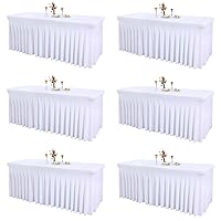 6 Packs White Table Clothes for 8 Foot Rectangle Tables, One-Piece Wrinkle Resistant Stretch Spandex Table Covers with Skirt for Event Banquet Wedding Birthday Party