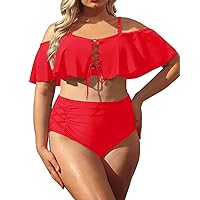 Daci Women Plus Size Bikini Sets High Waisted Ruffle Tummy Control Two Piece Swimsuit Off Shoulder Lace up Bathing Suit