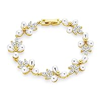 Bling Jewelry Bridal Wedding Multi Flowers CZ Wine Leaf Genuine White Freshwater Cultured Button Pearl Tennis Bracelet For Women Silver Plated Rhodium 6.5-7.25I inch