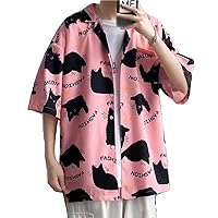 Summer Shirts for Men Hip Hop Printed White Pink Korean Casual Holiday Tops Shirt