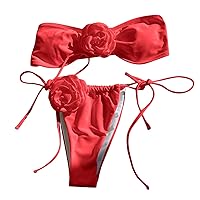 Red Bikini Casual Solid Color One Shoulder Big Flower Beach Vacation Swimsuit High Waist Swimsuit
