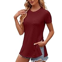 Tshirts for Women Crewneck Summer Casual Blouse Loose Trendy Plain Tee Shirt Ruched Hem 2024 Fashion Dressy Tunic