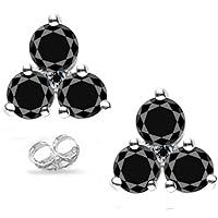 Silver Plated Round Real Moissanite Stud Earrings (3.27 Ct,Black Color,Opaque Clarity)