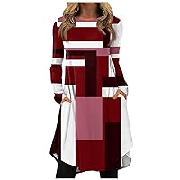 Trendy Long Sleeve Midi Dress for Women,Casual Fall Winter Plus Size Knee Length Dress Elegant Smocked Flowy Dress