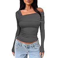 Women's Crop Tops Y2K Fashion Solid Color Single Shoulder Shirts Long Sleeved Pleated Slim Fit Short Exposed Navel Top