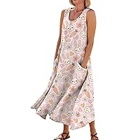 Cotton Linen Sleeveless Tank Dress Casual Summer Dresses Crewneck Sleeveless Flowy Caftan Dress