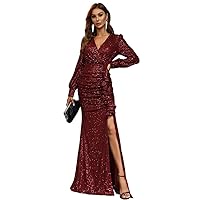 Womens Fall Fashion 2022 Surplice Neck Split Thigh Sequin Dress (Color : Maroon, Size : Large)