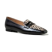 LEHOOR Women Penny Loafers Square Toe Drive Shoes Genuine Leather Patchwork Flats Leopard Pattern Slip On Closed Toe Office Lady Dress Shoes Size 4-9.5