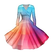 Cocktail Dress for Women Color Block A Line Fashion Pretty Splice Slim Fit with Long Sleeve V Neck Flowy Dresses