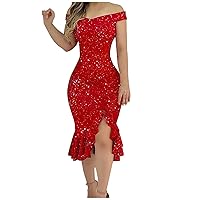 Formal Dresses for Women Off Shoulder Short Sleeve Ruffles Bodycon Dress Sexy Slit Midi Party Cocktail Wedding Guest Dresses Plus Size Fashion Bridesmaid Dresses Summer Prom Dress(Z Red,X-Large)