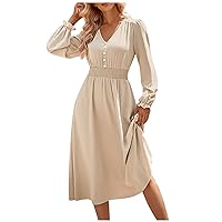 Fall Dresses for Women 2024 with Sleeves Cotton V Neck Button Down A Line Casual Dress Wedding Guest Dresses