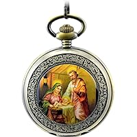 The Virgin Maria and Jesus Christ Roman Numerals Steel Mechanical Pocket Watch