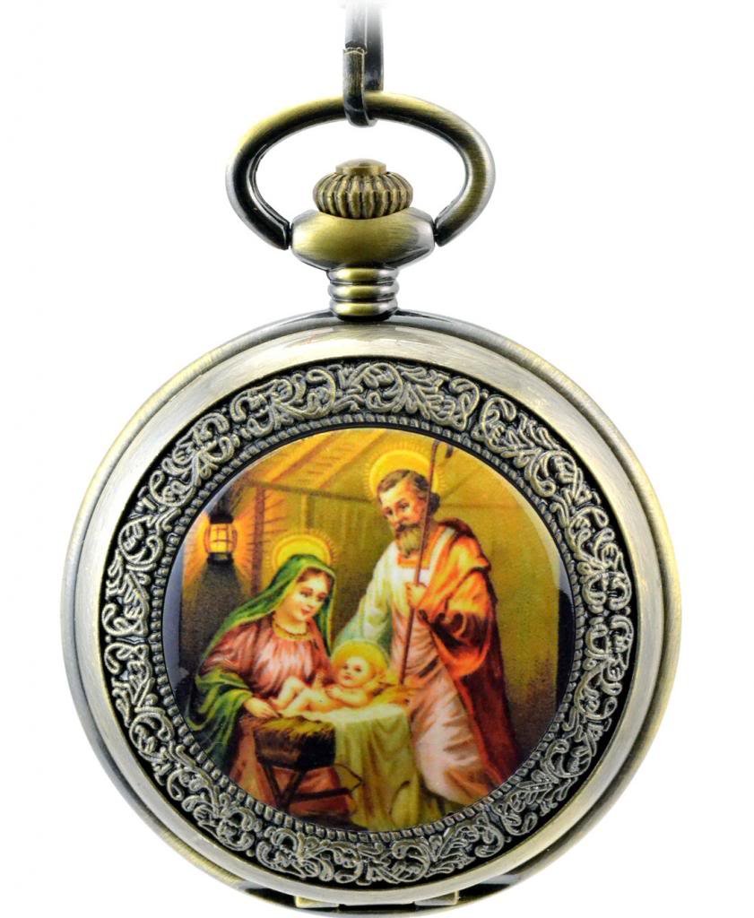 Infinite U The Virgin Maria and Jesus Christ Roman Numerals Steel Mechanical Pocket Watch, 复古
