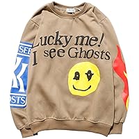 Unisex Lucky Me I See Ghosts Crewneck Sweatshirt Hip Pop Long Sleeve Pullover Tops for Men (S,Khaki)